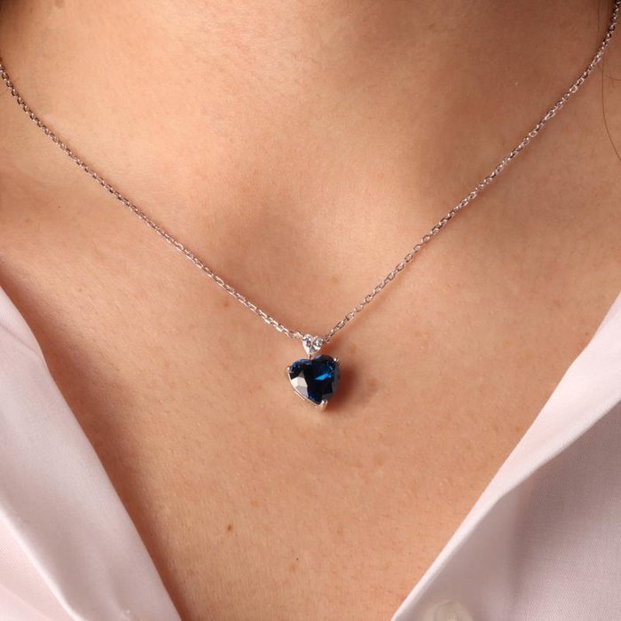 925 Silver Necklace with White and Blue Zircon Hearts