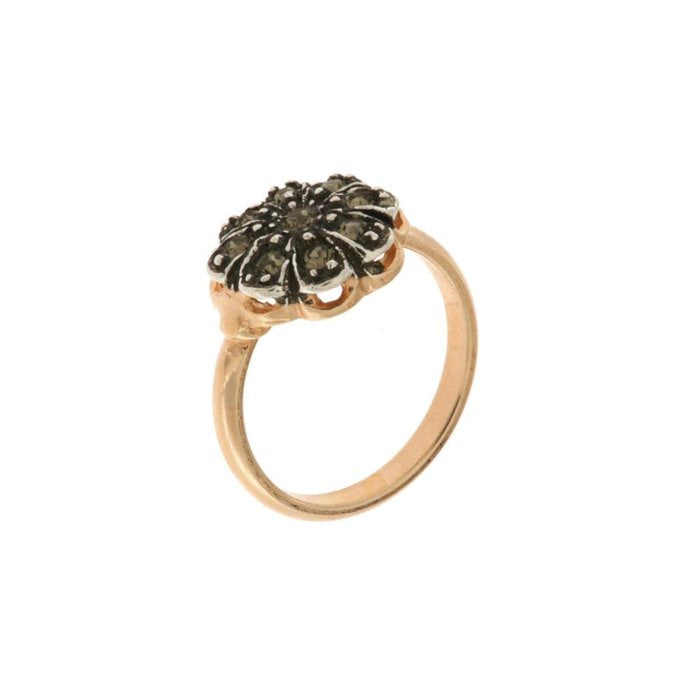 Anello in Argento 925 a forma di fiore stile antico con cristalli fume' e bianchi