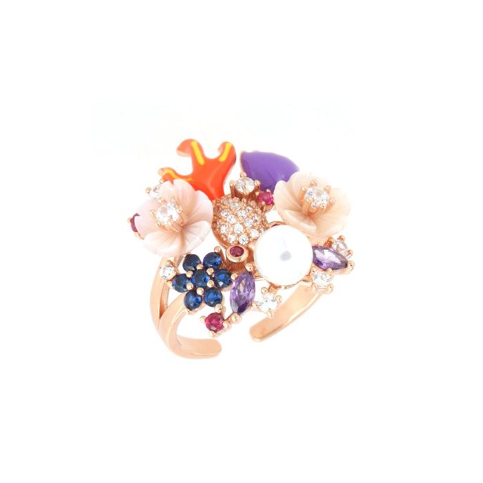 Bague en argent 925 avec fleurs en nacre, émaux colorés, perle de rivière et zircons blancs
