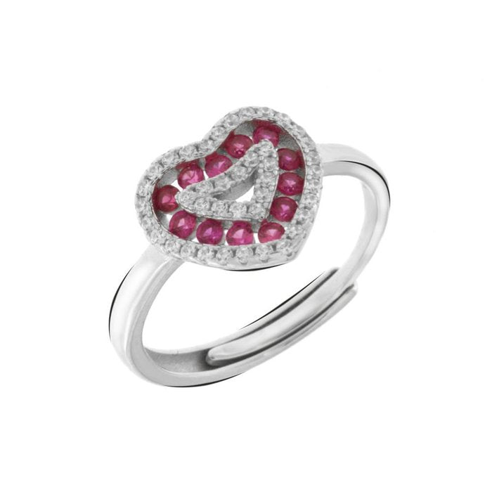 Bague en argent 925 avec cœur orné de zircones rouges et transparentes