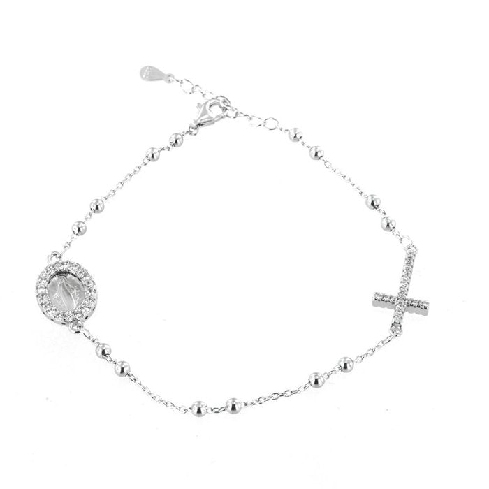 Bracelet chapelet en argent 925 avec croix en zircone blanche et Madone entourée de zircones