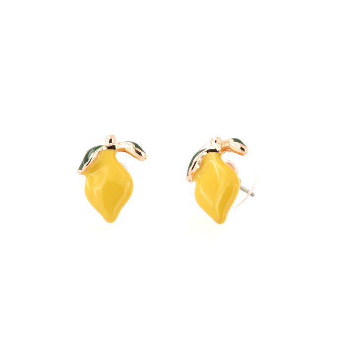 Metal lemon stud earrings, embellished with colored enamels