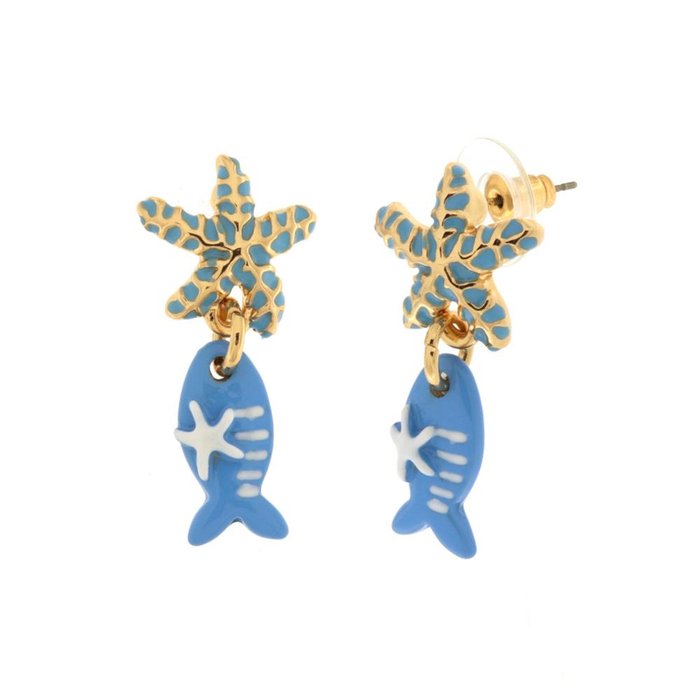 Boucles d'oreilles en métal avec étoile de mer et poisson bleu