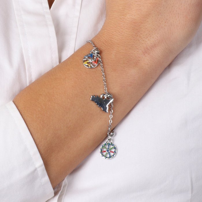 Bracelet de cheville en métal avec breloques Sicile et roue de charrette, orné d'émaux colorés