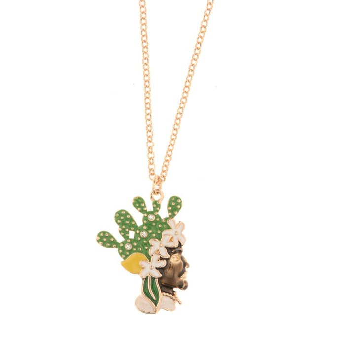 Collier en métal avec pendentif tête de Maure avec émaux colorés et cristaux