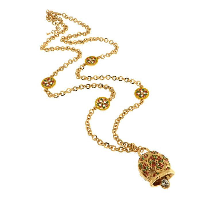 Collier en métal avec grelot porte-bonheur orné de majolique colorée