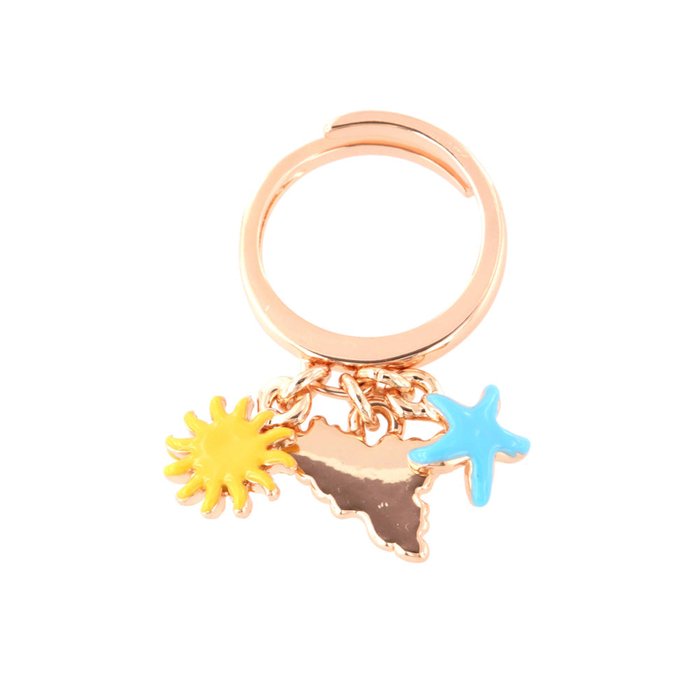 Bague en métal avec pendentifs Sicile, soleil et étoile de mer, ornée d'émaux colorés