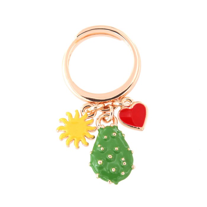 Bague en métal avec breloques figue de barbarie, soleil et cœur, agrémentée d'émaux colorés