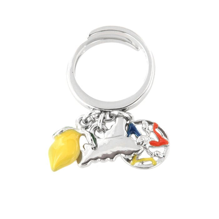Bague en métal avec pendentifs Sicile, citron et trinacria, ornée d'émaux colorés