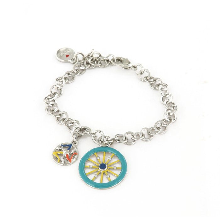 Bracelet en métal à maille rolo, avec pendentif roue de charrette sicilienne orné d'émaux colorés