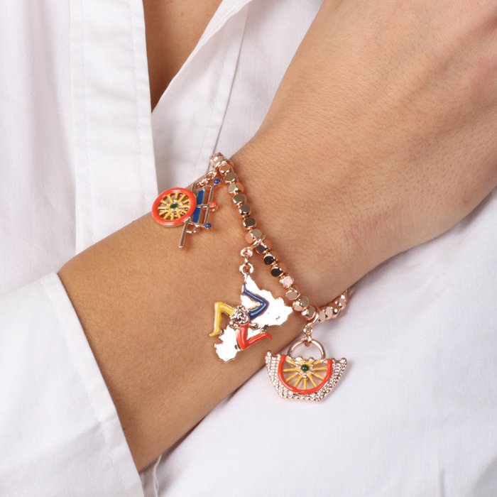 Bracelet en métal avec breloques aux couleurs siciliennes : Coffa, tambourin et Sicile