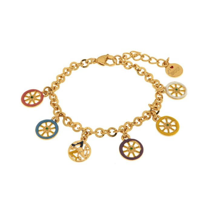 Bracelet en métal avec roues de chariot colorées et pendentifs Trinacria