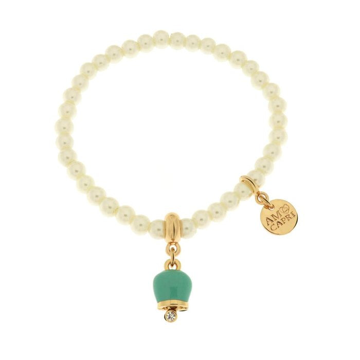 Bracelet en métal avec perles et grelot porte-bonheur en émail vert