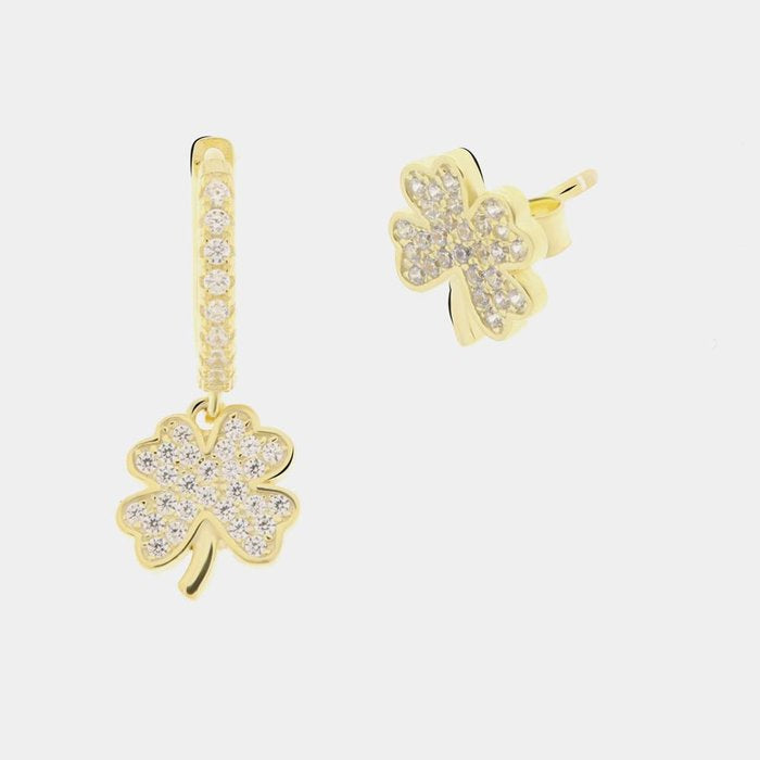 Boucles d'oreilles créoles en argent 925 avec pendentif trèfle à quatre feuilles et zircons blancs