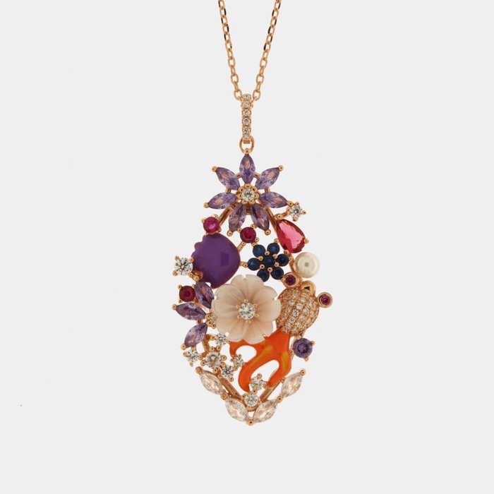 Collier pendentif ovale en argent 925 avec zircones blanches, fleurs en nacre et perles de rivière