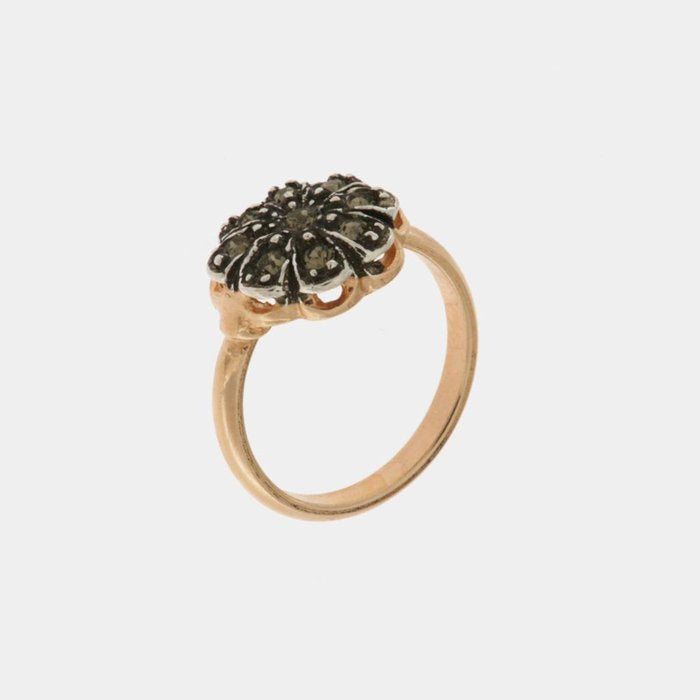 Anello in Argento 925 a forma di fiore stile antico con cristalli fume' e bianchi