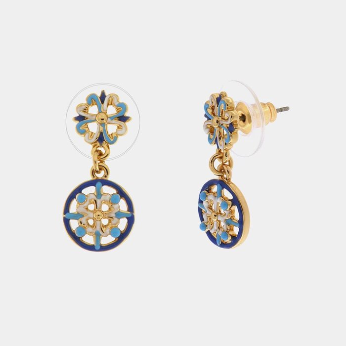 Metal earrings with colored majolica pendant