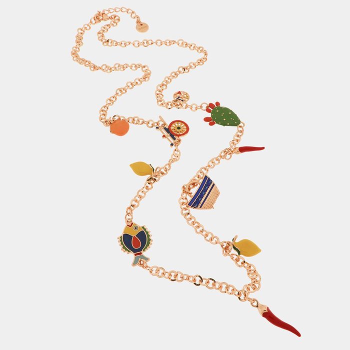 Metal Necklace with Sicilian Charms, Cart, Basket, Prickly Pear, Lucky Horn