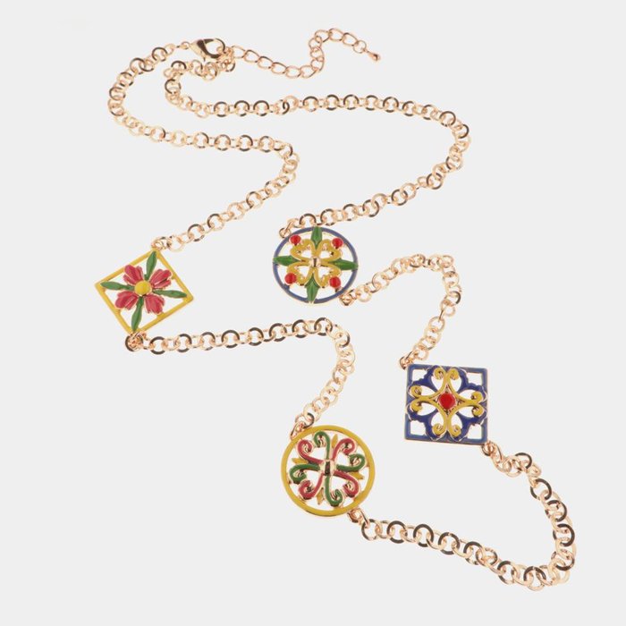 Metal necklace with flower majolica details with colored enamels