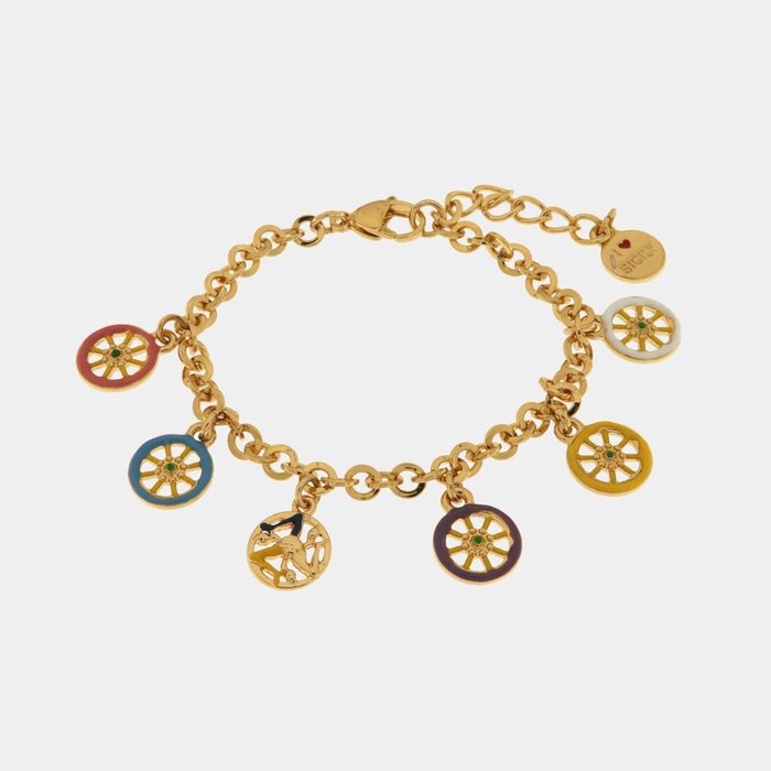 Bracelet en métal avec roues de chariot colorées et pendentifs Trinacria