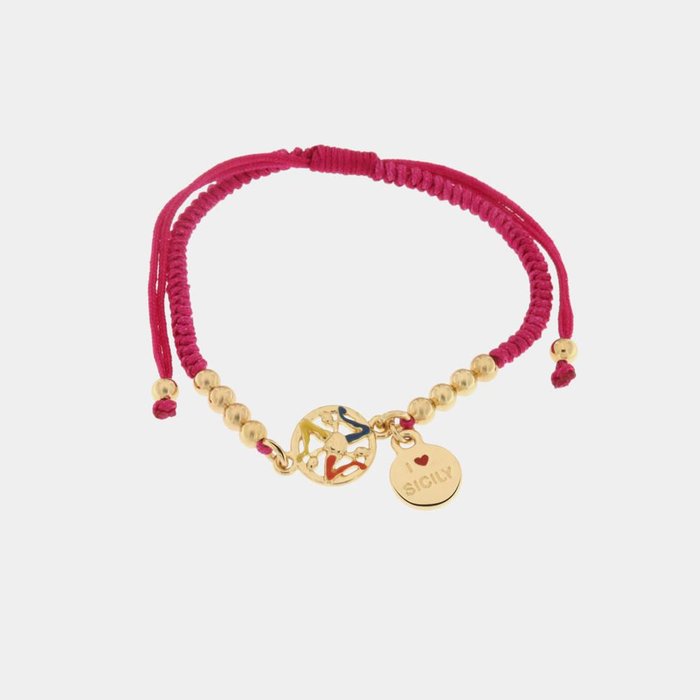 Metal Bracelet with Fuchsia Cord and Trinacria