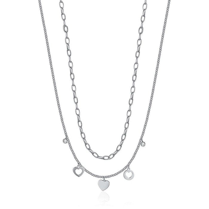 WOMEN'S STEEL NECKLACE WITH HEARTS AND WHITE CRYSTALS