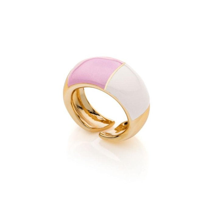 Bague en bronze doré avec émail rose et blanc