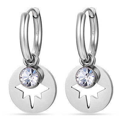 BOUCLES D'OREILLES FEMME EN ACIER AVEC ÉTOILES ET CRISTAUX BLANCS