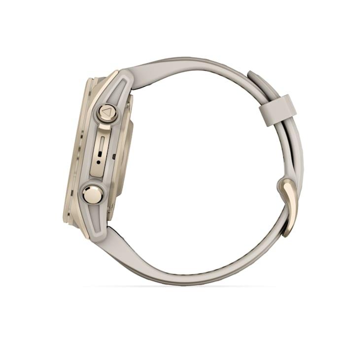 Fēnix® 8 - 43 mm, AMOLED, saphir, or doux avec bracelet en silicone gris brouillard/grès foncé