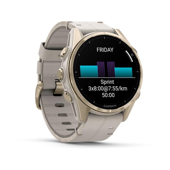 Fēnix® 8 - 43 mm, AMOLED, saphir, or rose avec bracelet en cuir ivoire