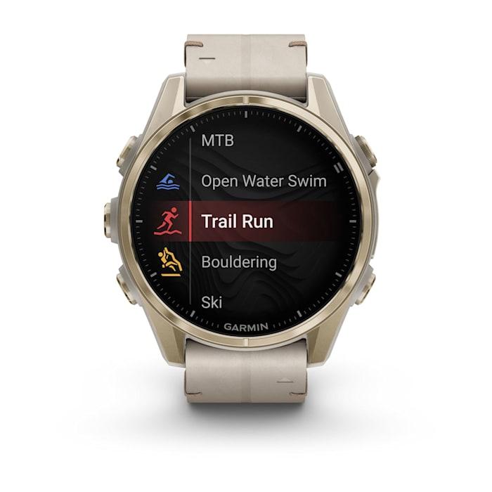 Fēnix® 8 - 43 mm, AMOLED, saphir, or rose avec bracelet en cuir ivoire