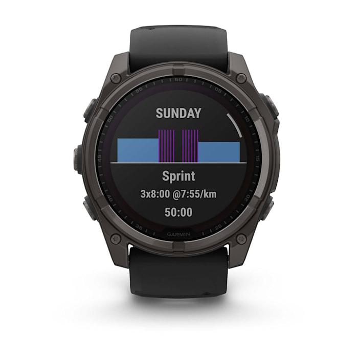 Fēnix® 8 - 51 mm, solaire, saphir, titane, DLC gris carbone avec bracelet en silicone noir/gris galet