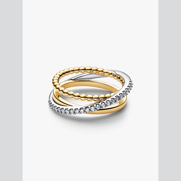 Anello Tripla Fascia Intrecciata Sfere e Pavé