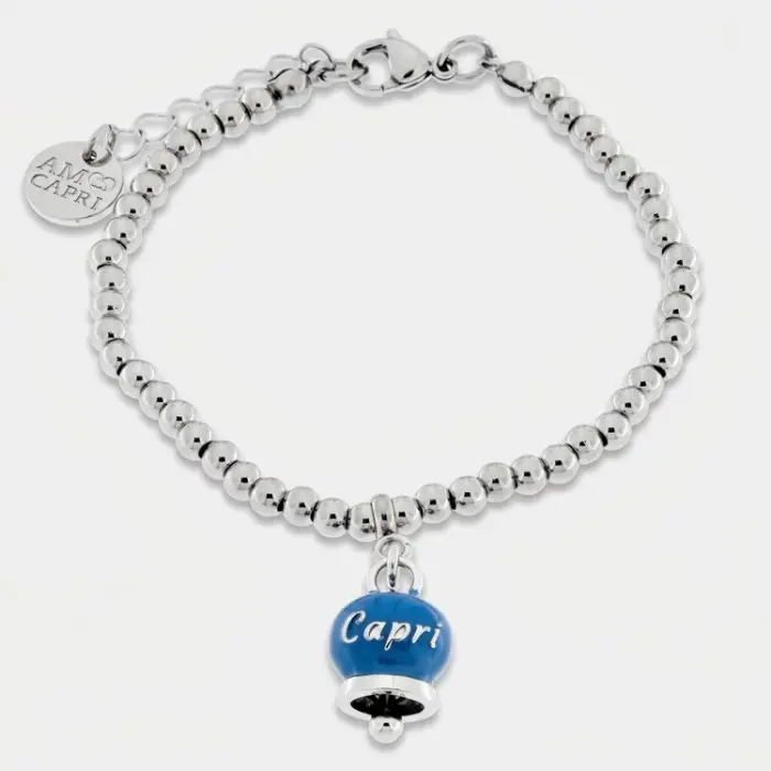 Bracciale in Acciaio con campanella pendente blu cobalto con scritta Capri