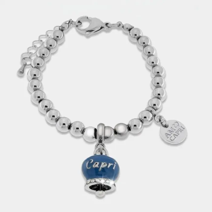 Bracciale in Acciaio con campanella blu con scritta Capri