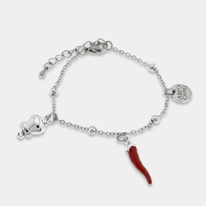 Bracciale in Acciaio con cornetto rosso pendente e campanella portafortuna con punto luce