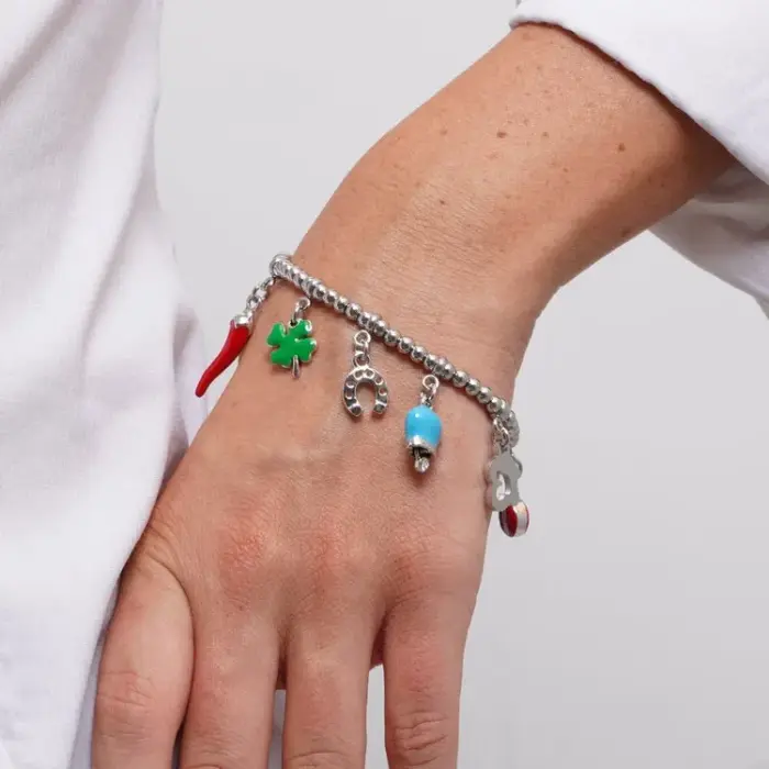 Bracciale in Acciaio con corno napoletano, quadrifoglio, coccinella, campanella Capri