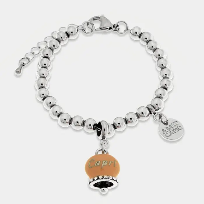 Bracciale in Acciaio campanella rosa antico con scritta Capri e zirconi