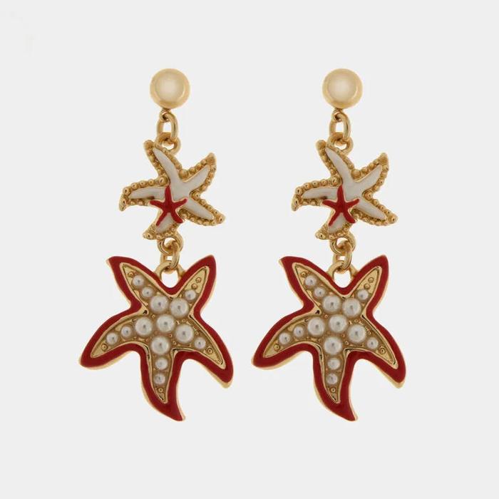 Orecchini in Metallo pendenti con stelle marine smaltate bianche e rosse con pietre