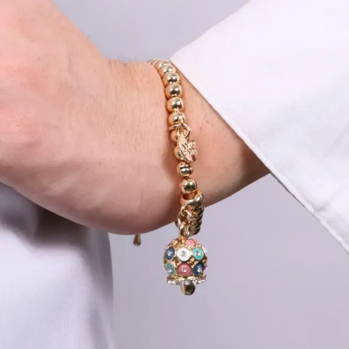 Bracciale in Metallo con campanella a pois multicolor e zirconi