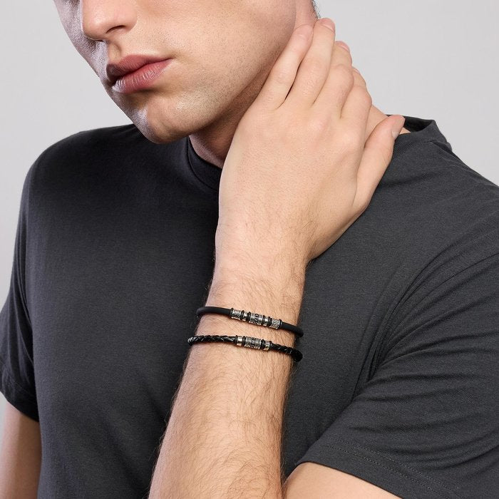 Bracciale in acciaio e pelle nera SMARTER