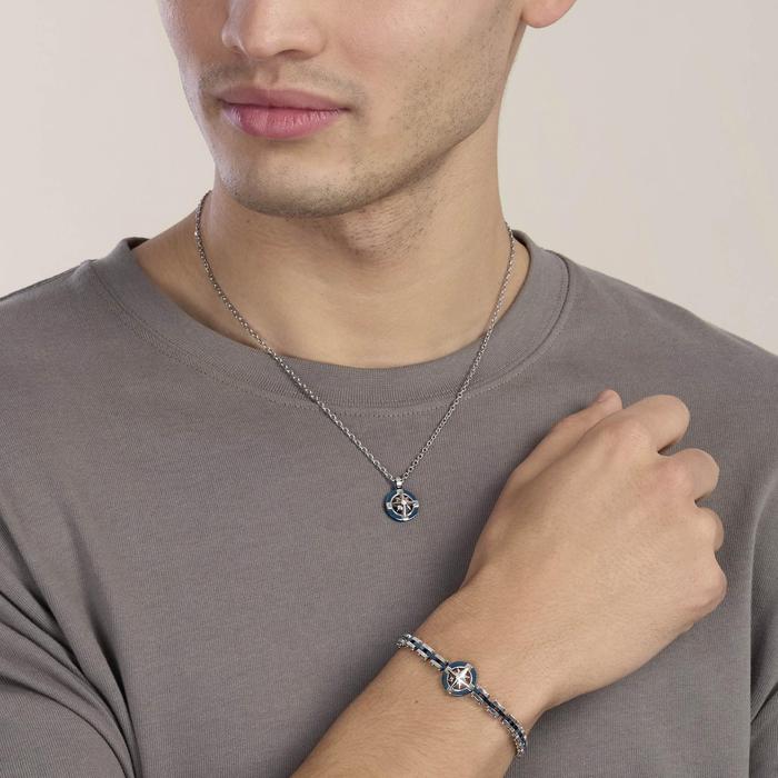 Collana con ciondolo rosa dei venti in acciaio e blu Style 41