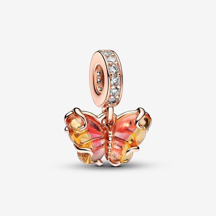 Murano Glass Butterfly Pendant Charm Orange and Pink