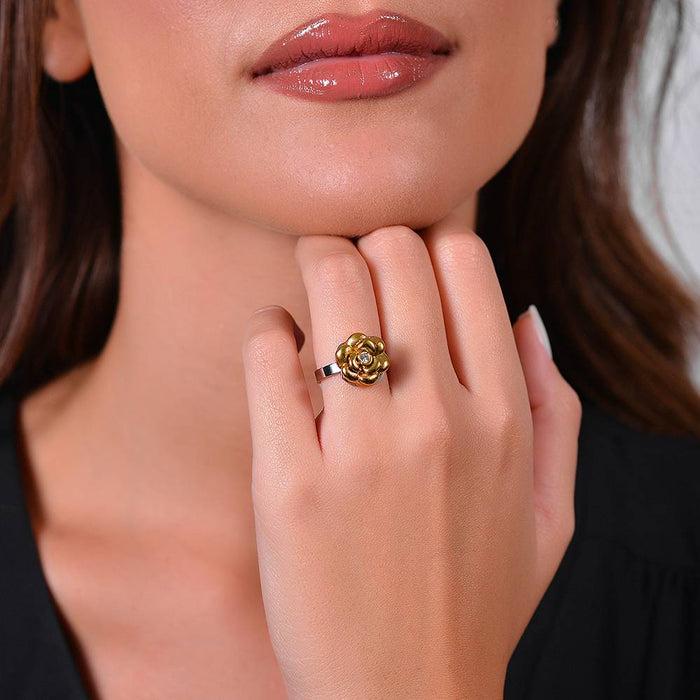 WOMEN'S RING IN STEEL IP GOLD ROUND PINK