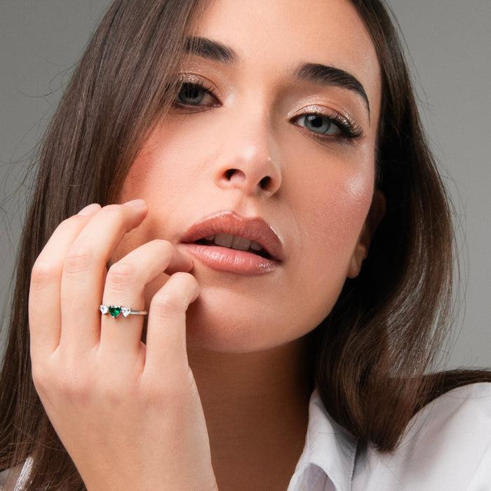 ANELLO DONNA IN ACCIAIO CON CUORI CON ZIRCONI BIANCHI E VERDI
