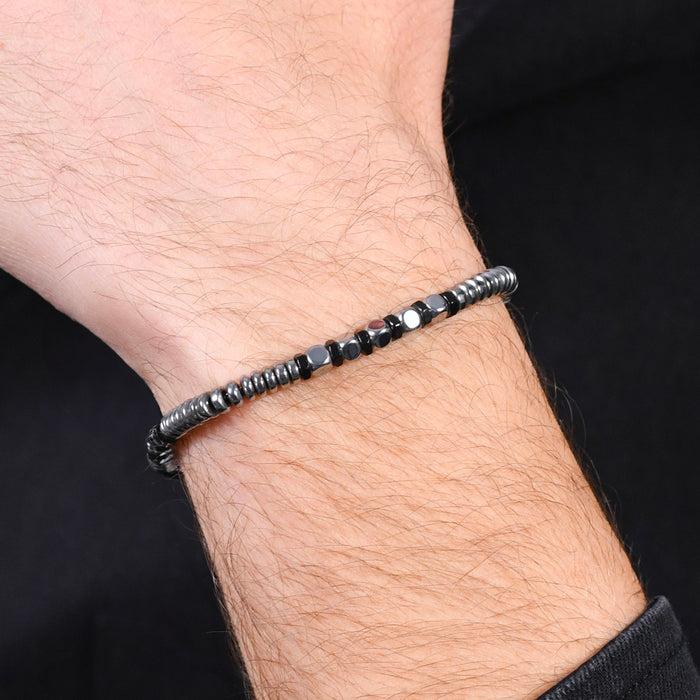 BRACELET HOMME EN ACIER HÉMATITE ARGENT ET NOIR