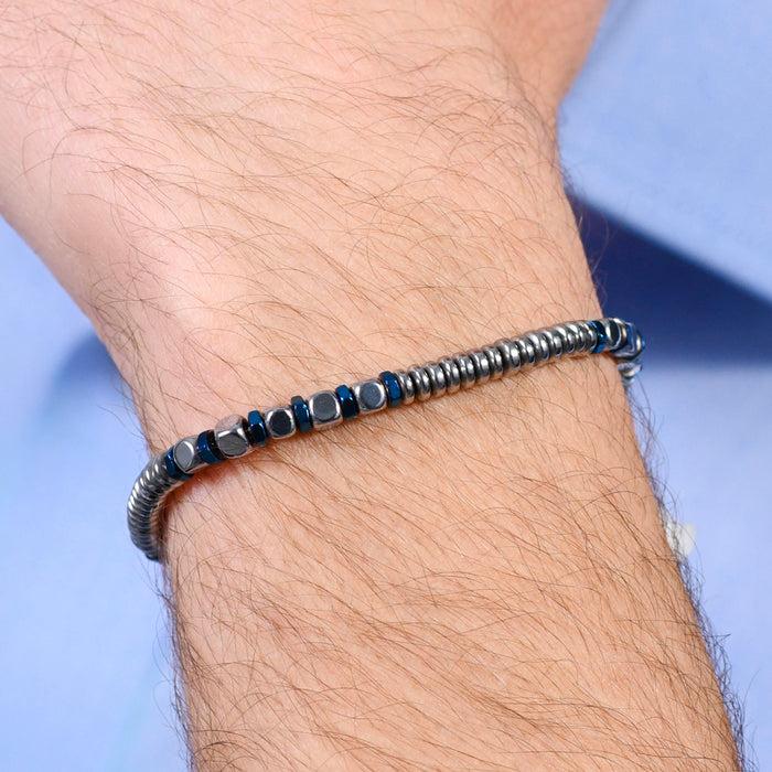BRACELET HOMME EN ACIER HÉMATITE ARGENT ET BLEU