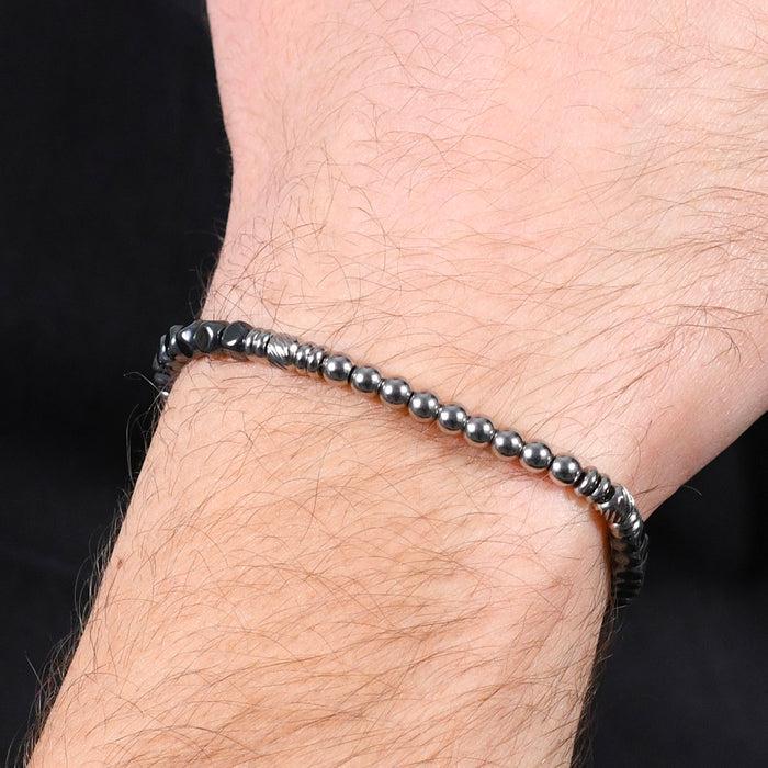 BRACELET HOMME EN ACIER HÉMATITE ARGENT ET NOIR