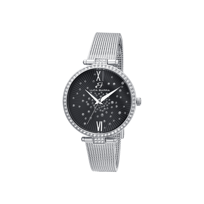 MONTRE FEMME EN ACIER CADRAN NOIR LUNETTE AVEC CRISTAUX BLANCS