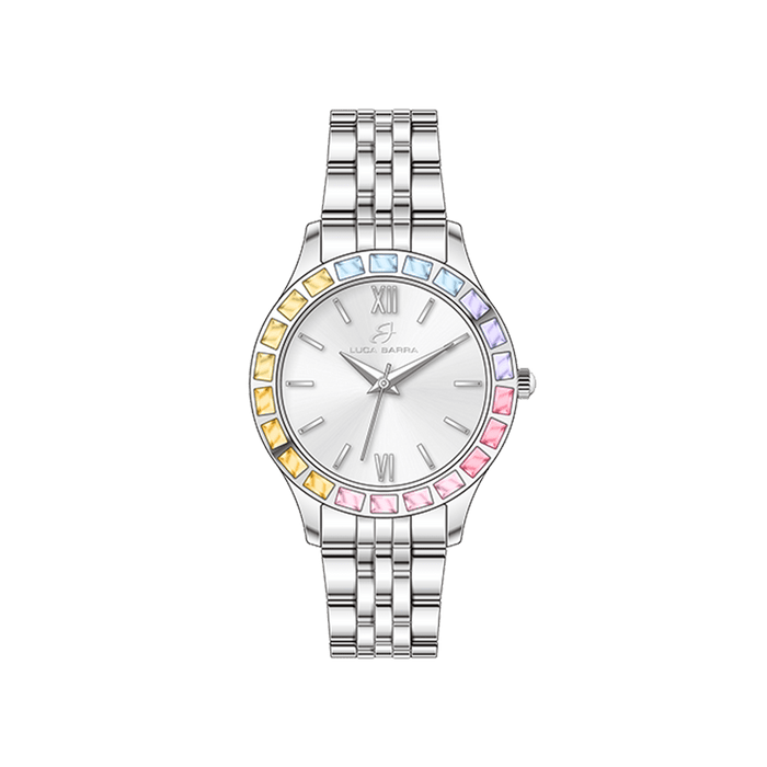 MONTRE FEMME EN ACIER AVEC LUNETTE EN CRISTAL MULTICOLORE